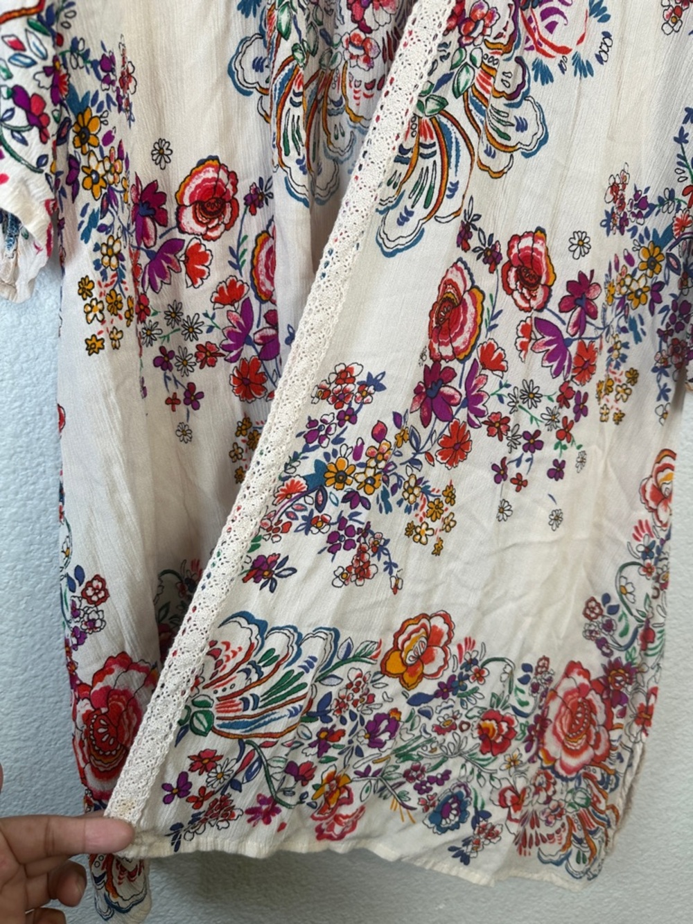 Bila Boho Hippie Floral Long Kimono Duster Cover-Up Cardigan XS/S Lace Trim - Picture 3 of 12